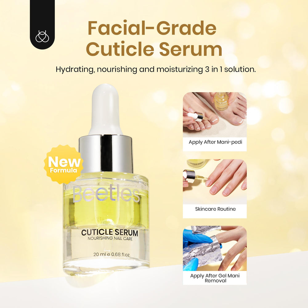 Beetles Cuticle Oil dropper applying nourishing formula to nails.