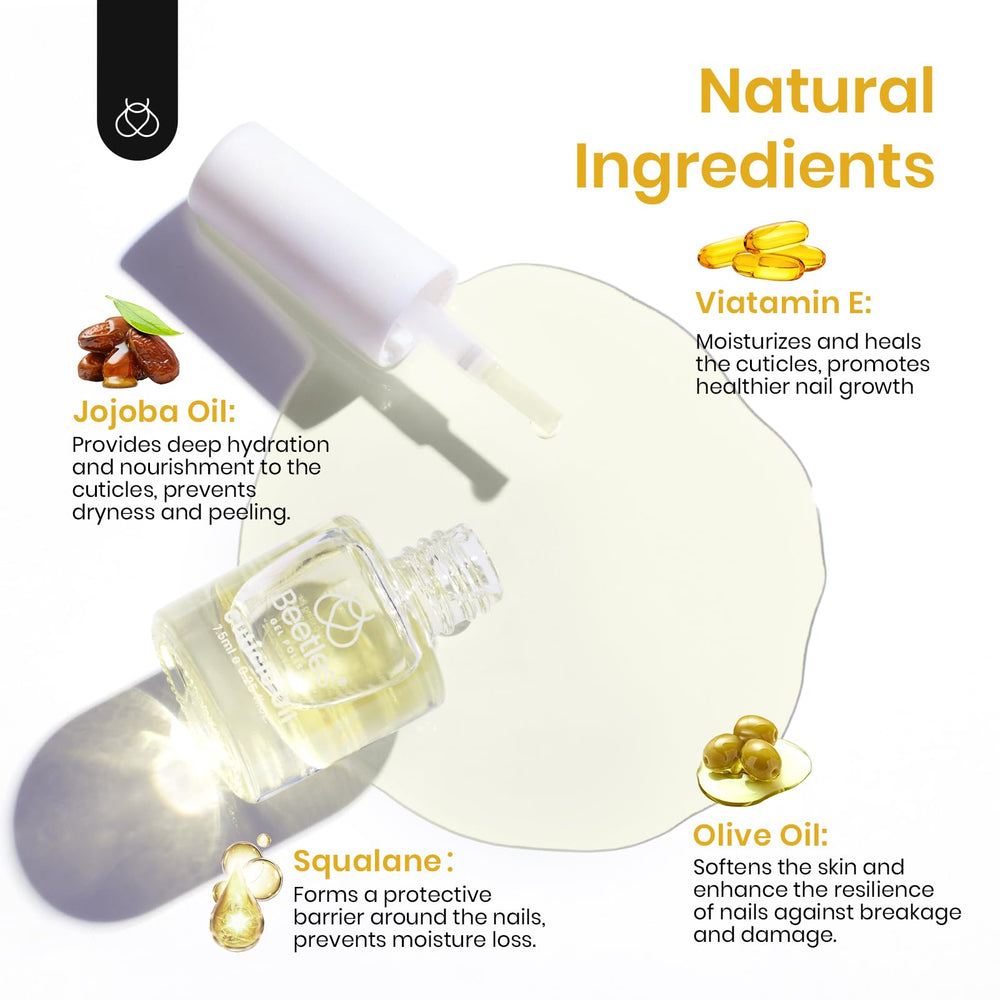 Beetles Cuticle Oil on nails highlights natural shine and healthier-looking nails.