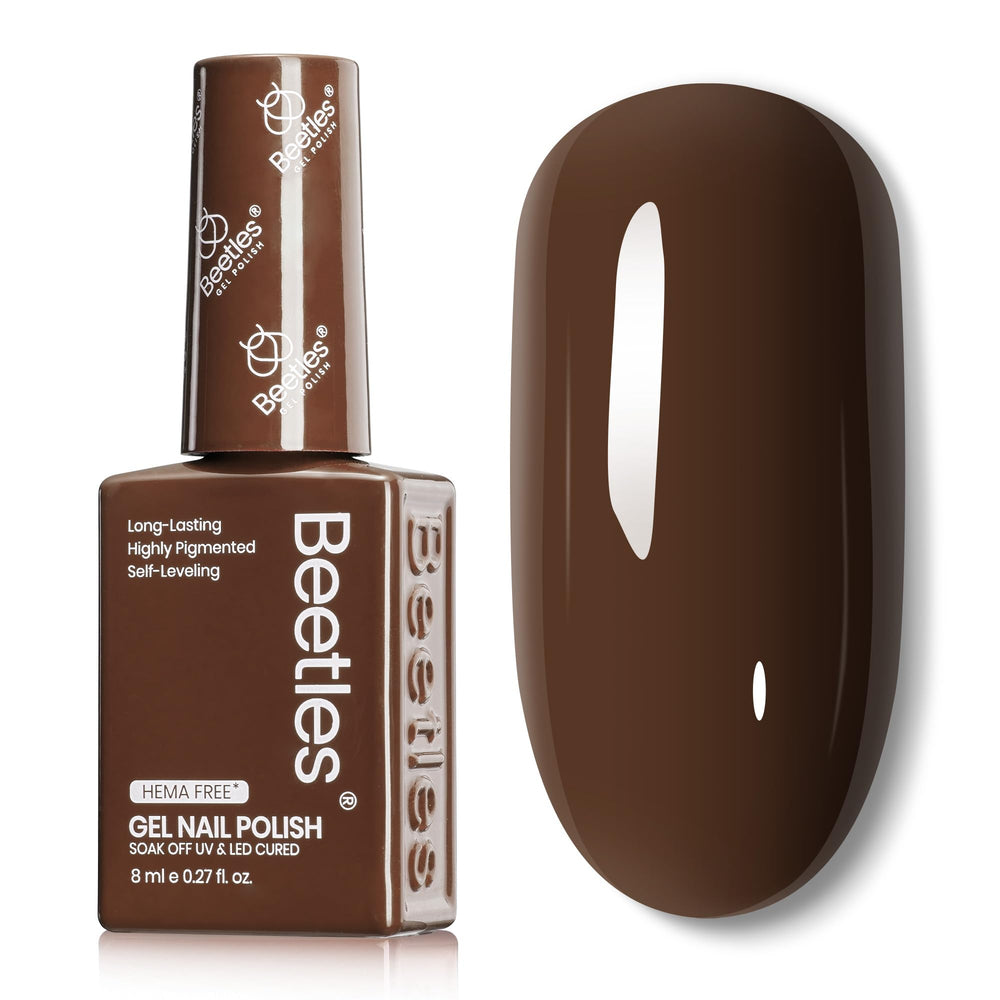 Beetles Dark Brown gel polish bottle close-up shows rich mocha shade for a long-lasting manicure
