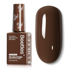 Beetles Dark Brown gel polish bottle close-up shows rich mocha shade for a long-lasting manicure