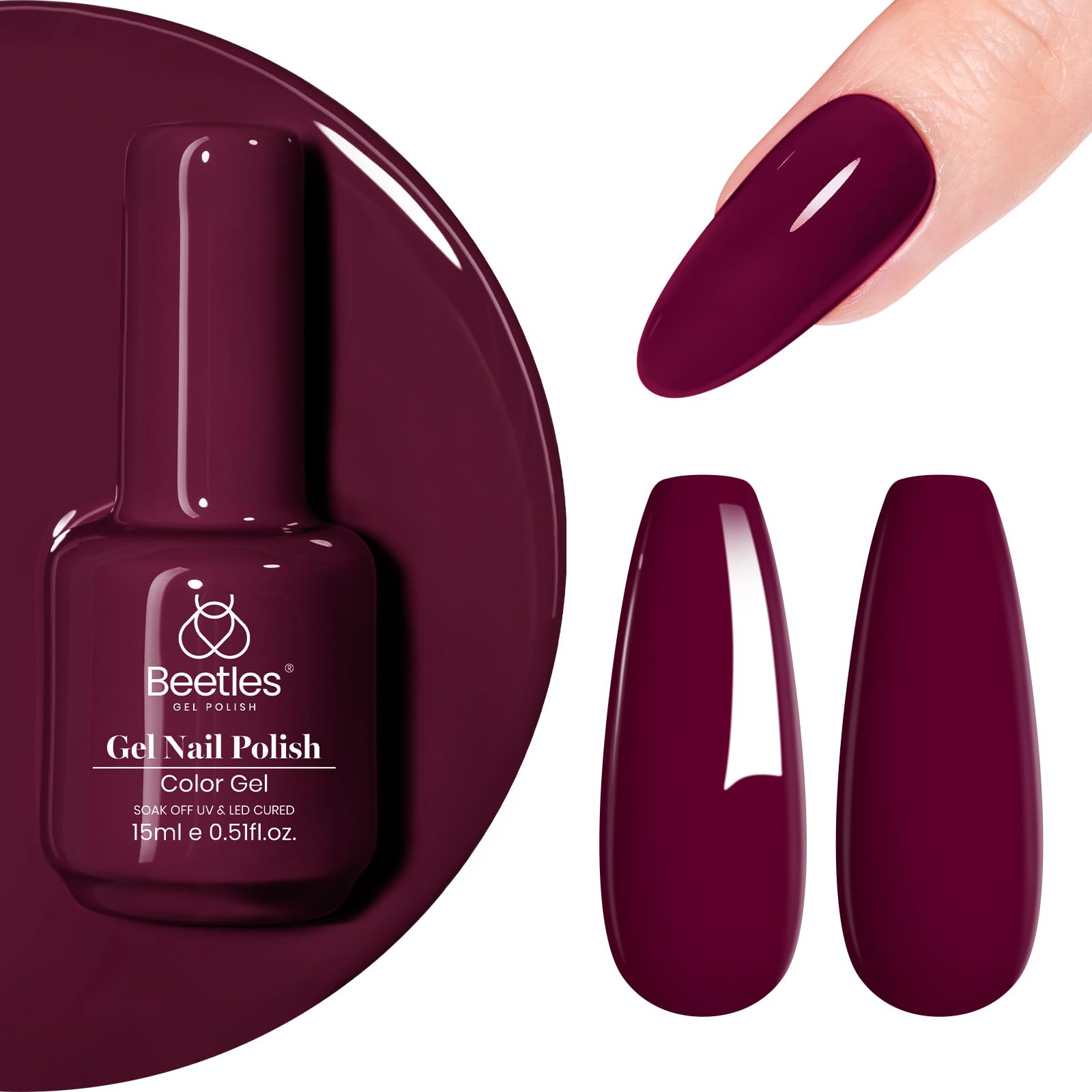 Beetles Dark Red Gel Nail Polish bottle close-up showing rich burgundy shade and long wear