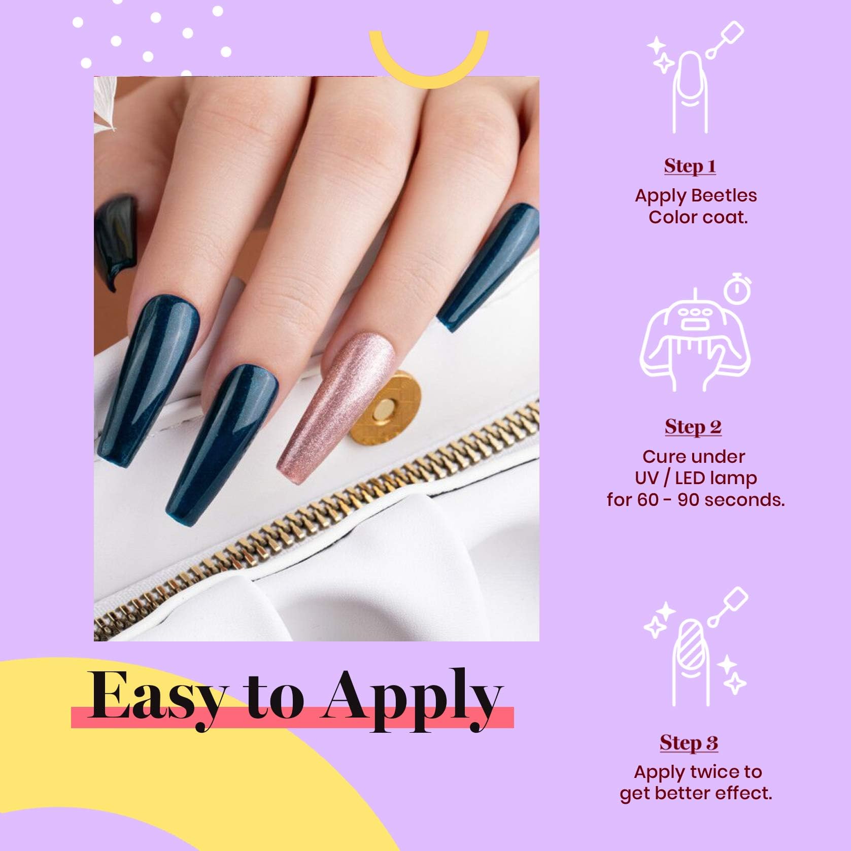 Beetles Dark Teal nail application closeup highlights the glossy finish.