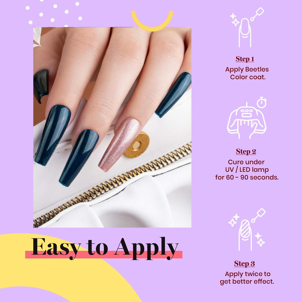 Beetles Dark Teal nail application closeup highlights the glossy finish.