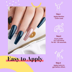 Beetles Dark Teal nail application closeup highlights the glossy finish.