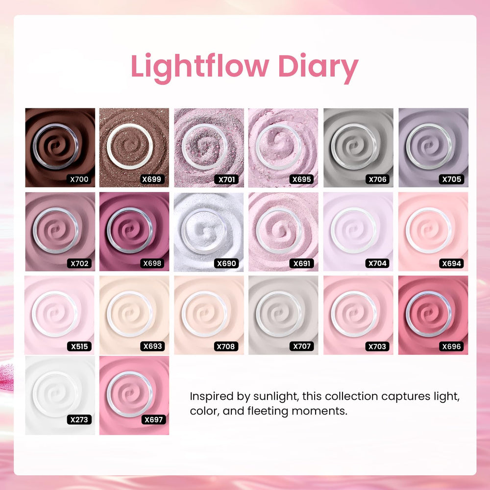 Beetles Dip Powder Lightflow Diary colors present smooth hues for natural-looking manicures.