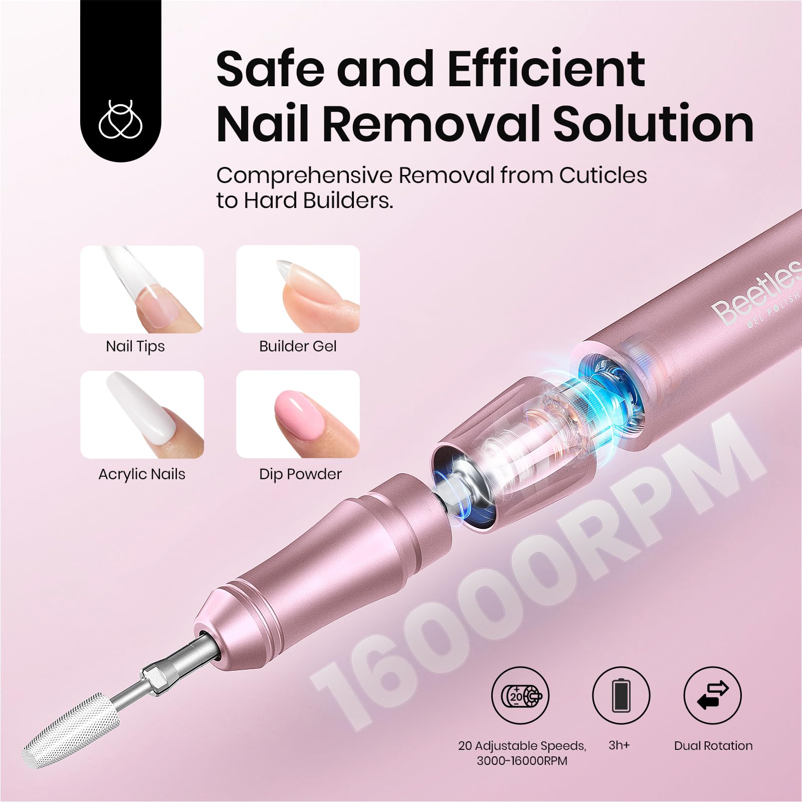 Beetles electric nail drill rose gold 5-head kit enables versatile shaping.