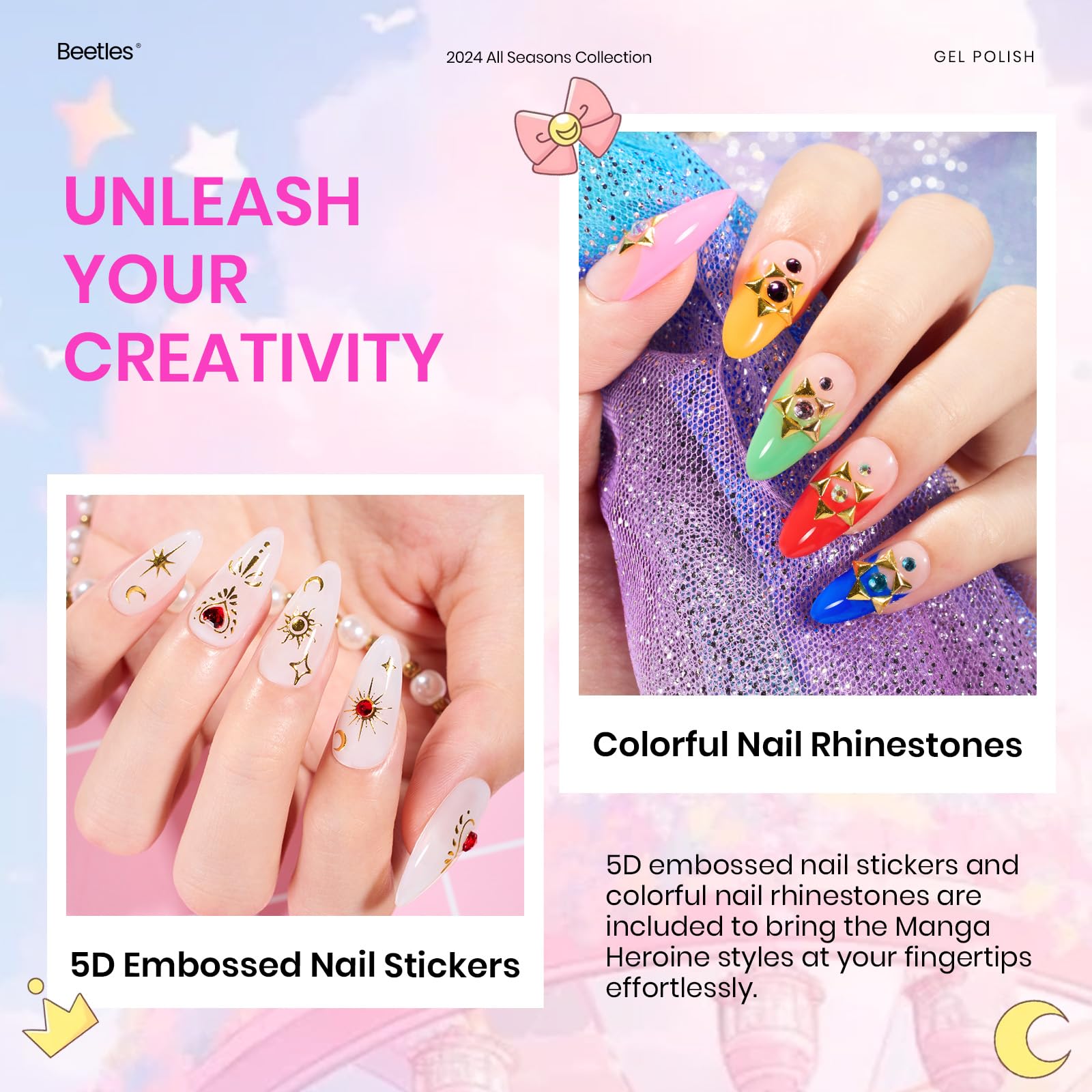 Beetles embossed 5D nail stickers add texture and flair.
