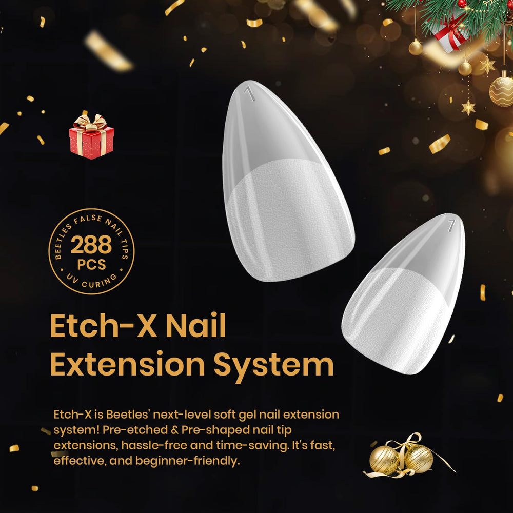 Beetles Etch X almond tips in 12 sizes for a precise natural-nail fit
