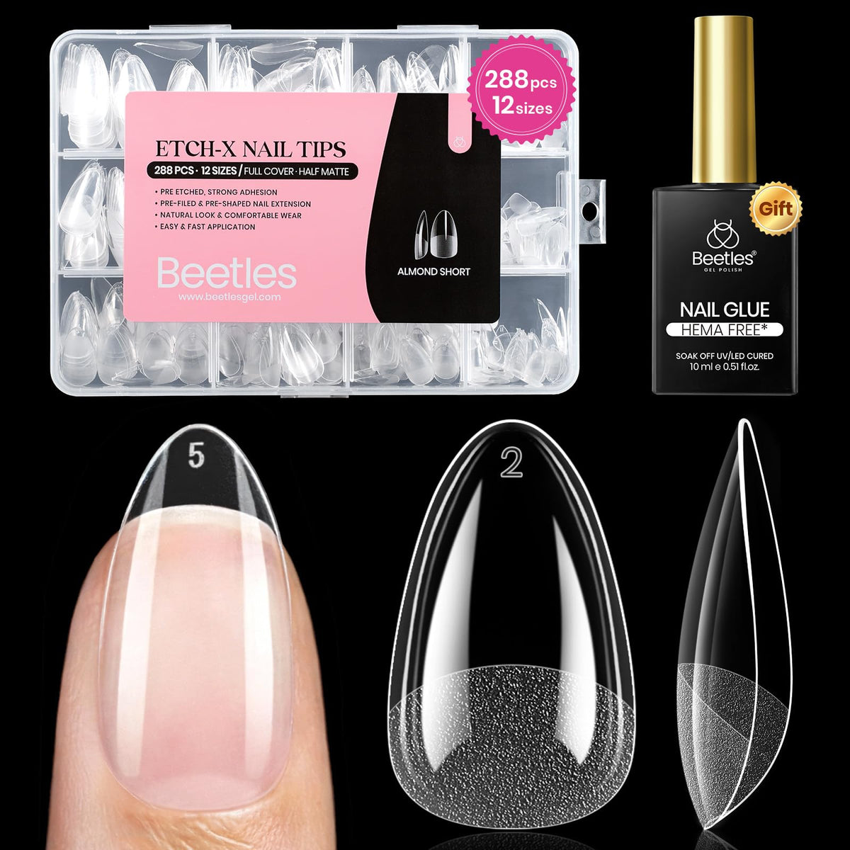 Beetles Etch-X almond short nail tips in 12 sizes for precise fitting