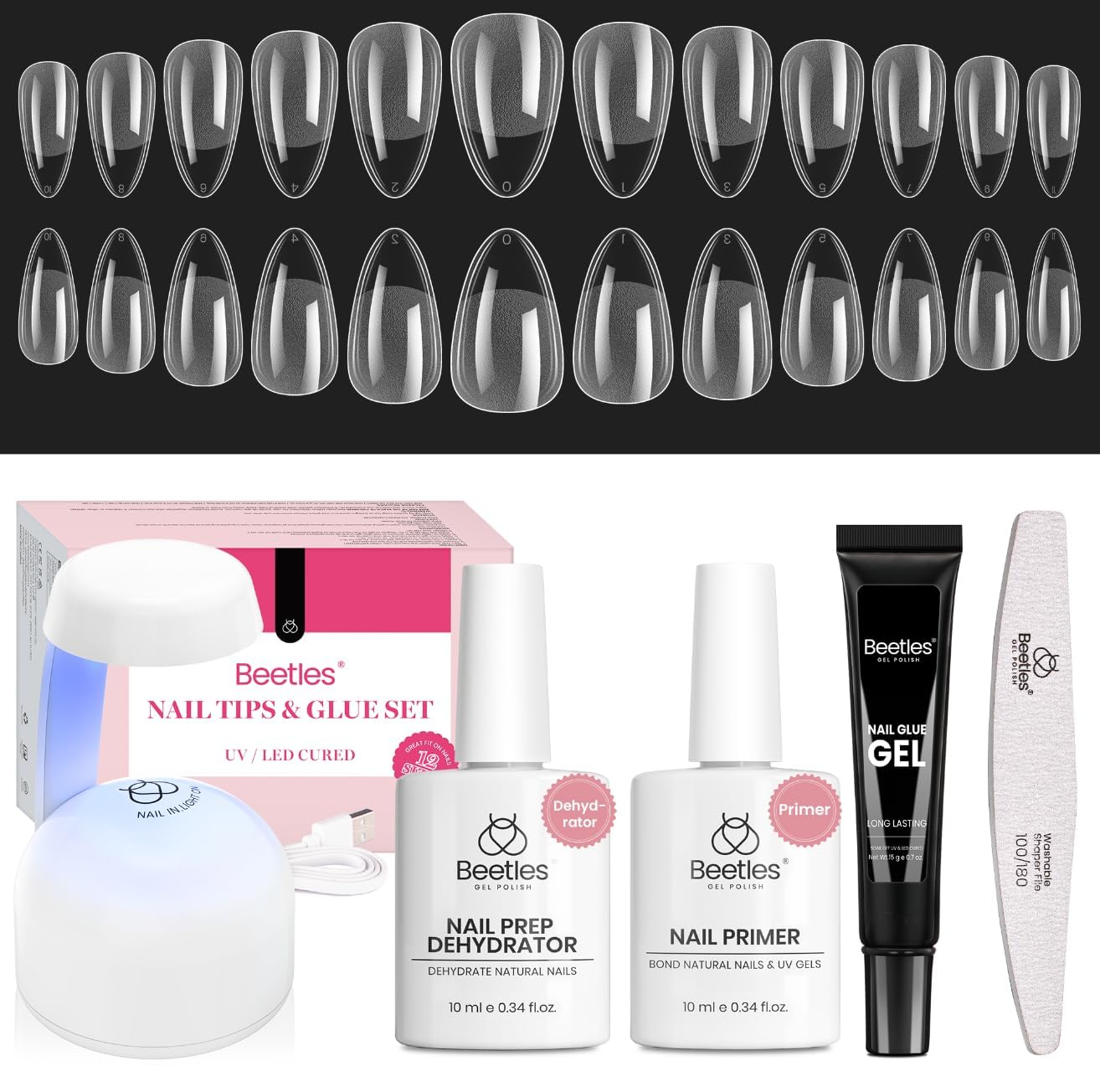 Beetles Etch-X almond short tips closeup for precise nail extensions