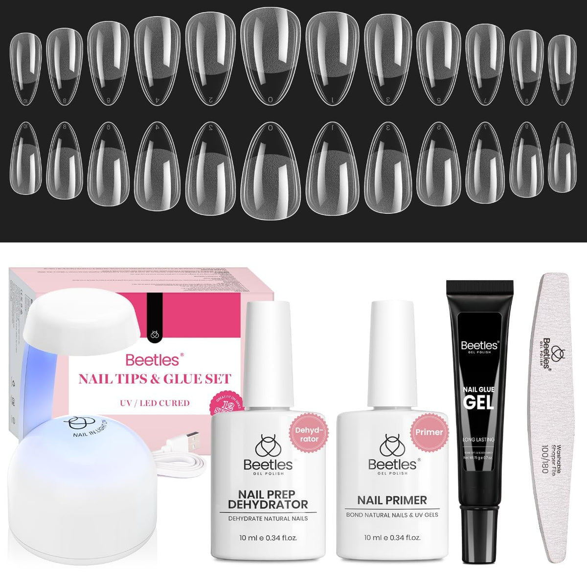Beetles Etch-X almond short tips closeup for precise nail extensions