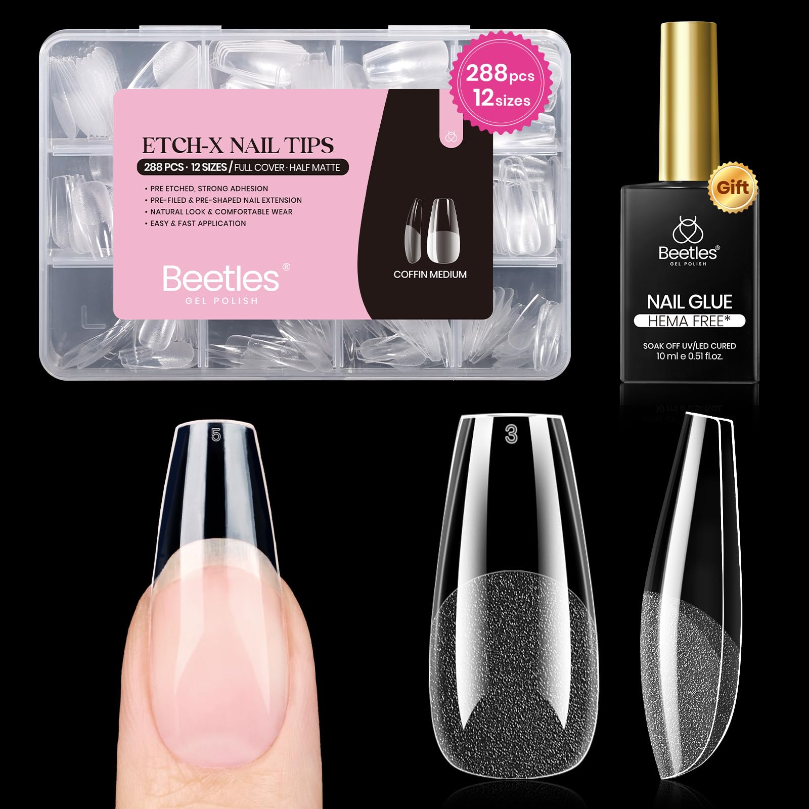 Beetles Etch-X coffin medium nail tips offer secure fit with no filing needed.