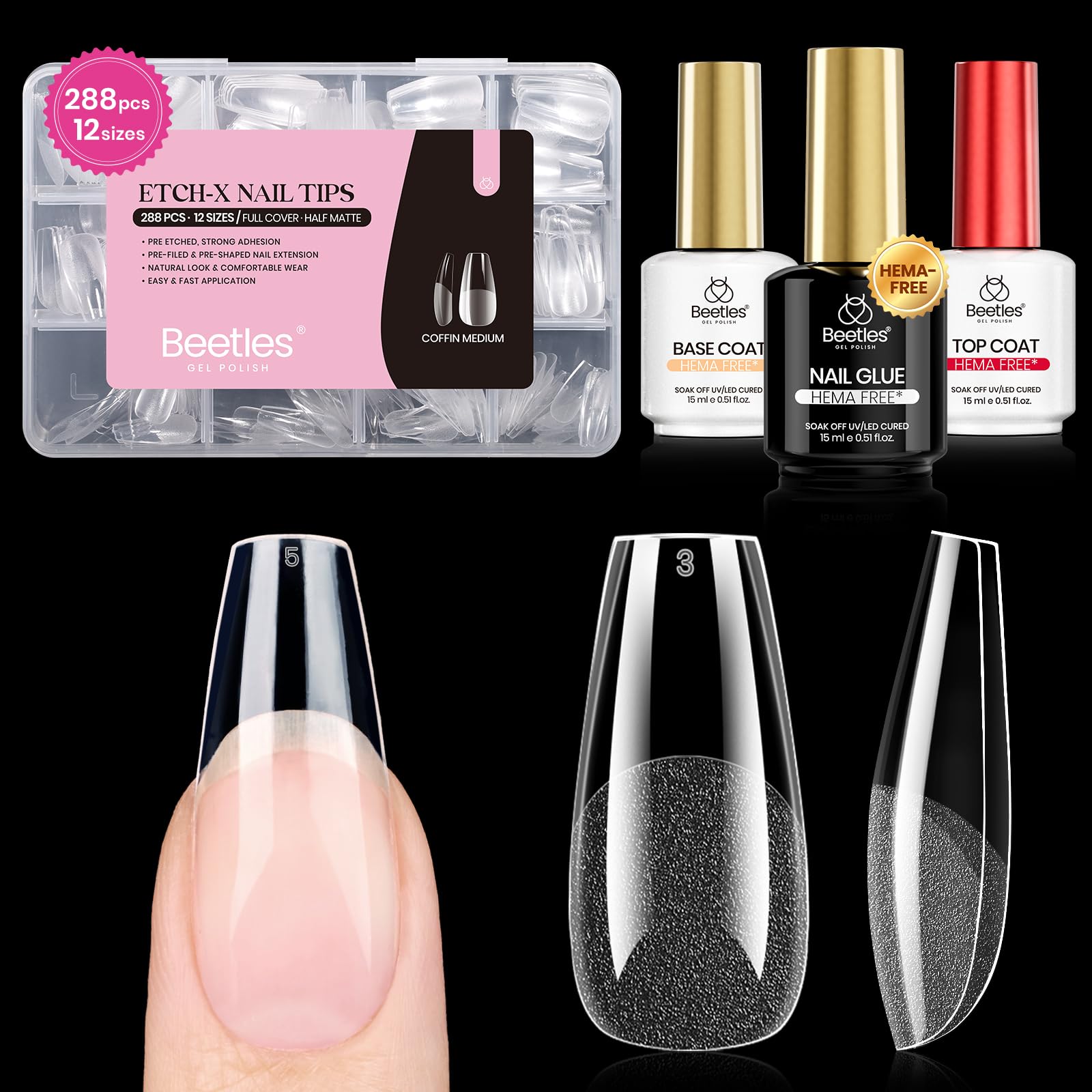 Beetles Gel Nail Kit Etch-X coffin tips in a 288-piece set for precise, natural-looking extensions
