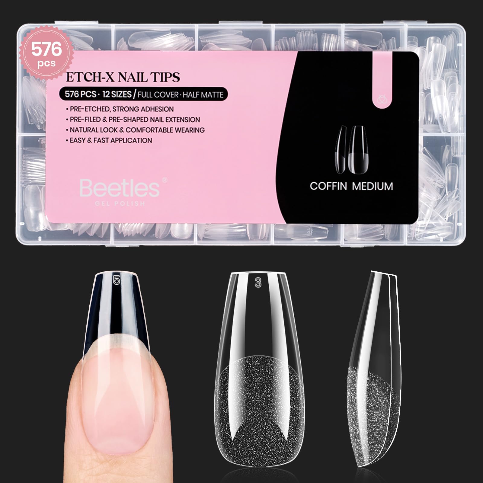 Beetles Etch X medium coffin full-cover nail tips for durable extensions