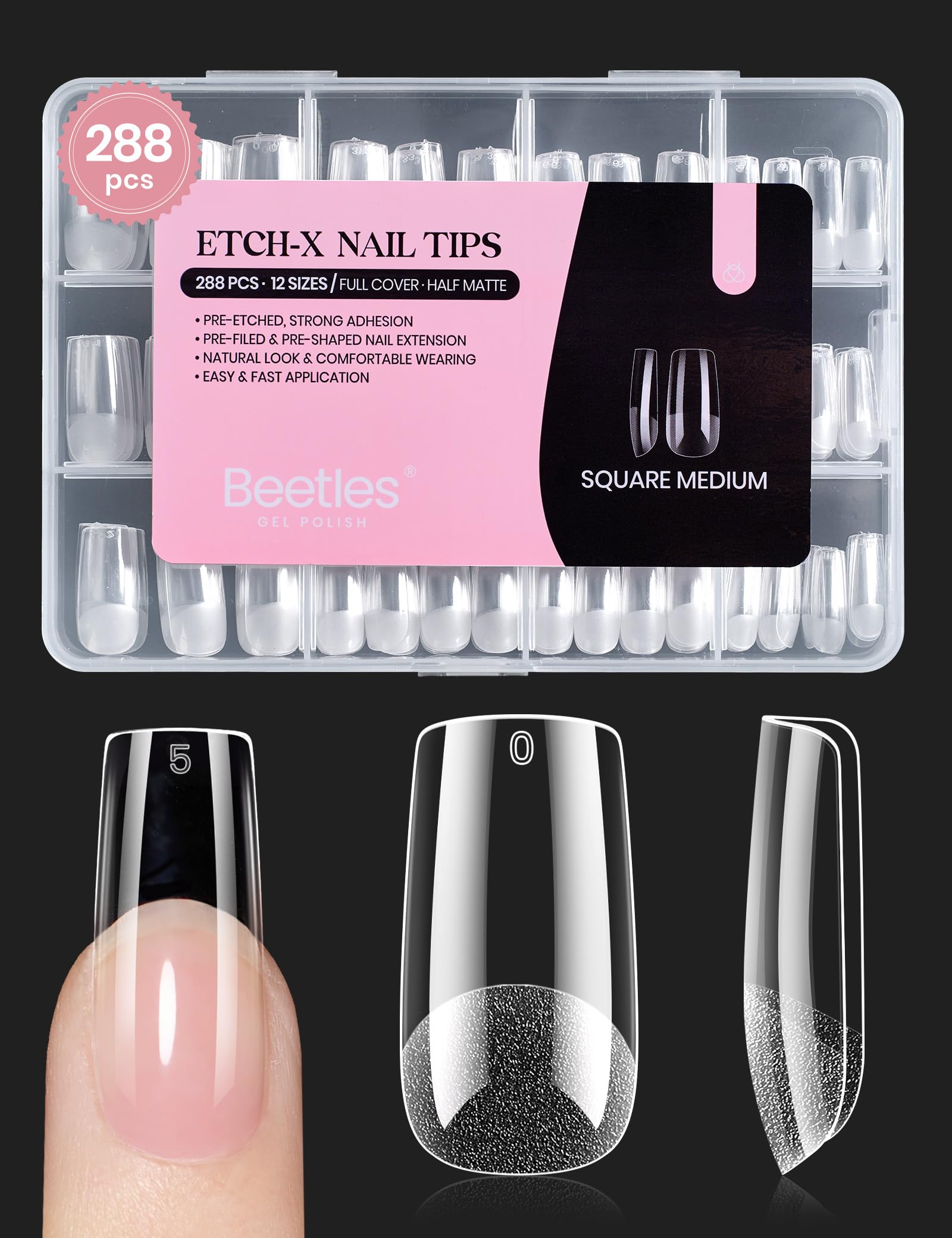 Beetles Etch-X square medium nail tips for DIY extensions with 288 pieces