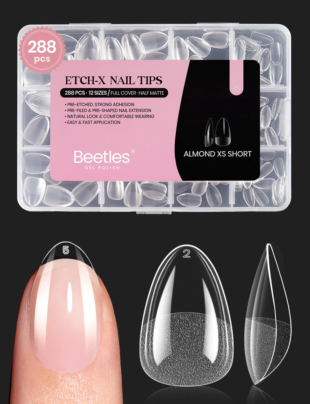 Beetles extra short almond nail tips 288-piece pack ready for fast at-home nail extensions