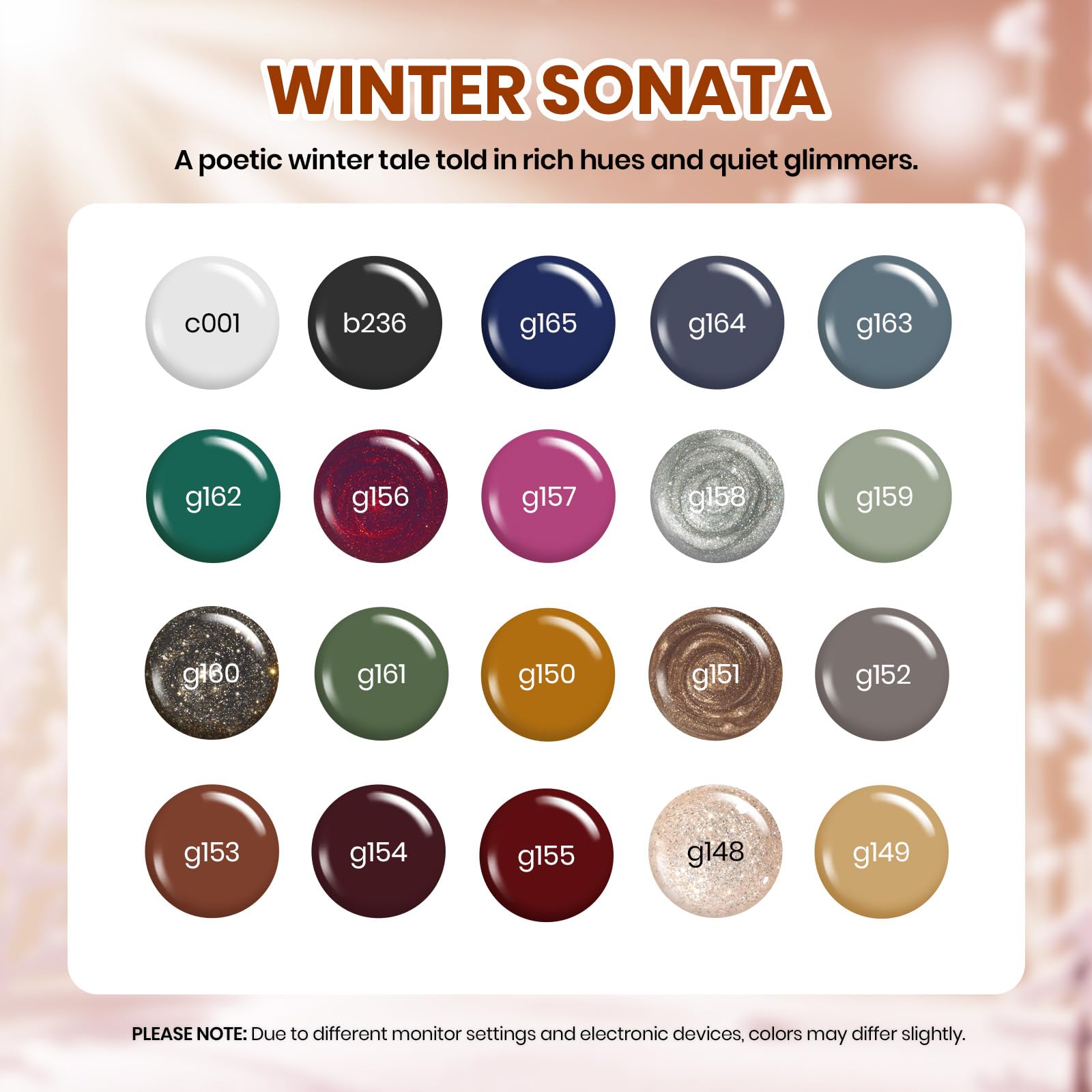 Beetles fall gel nail polish collection bottles showcasing 20 colors.