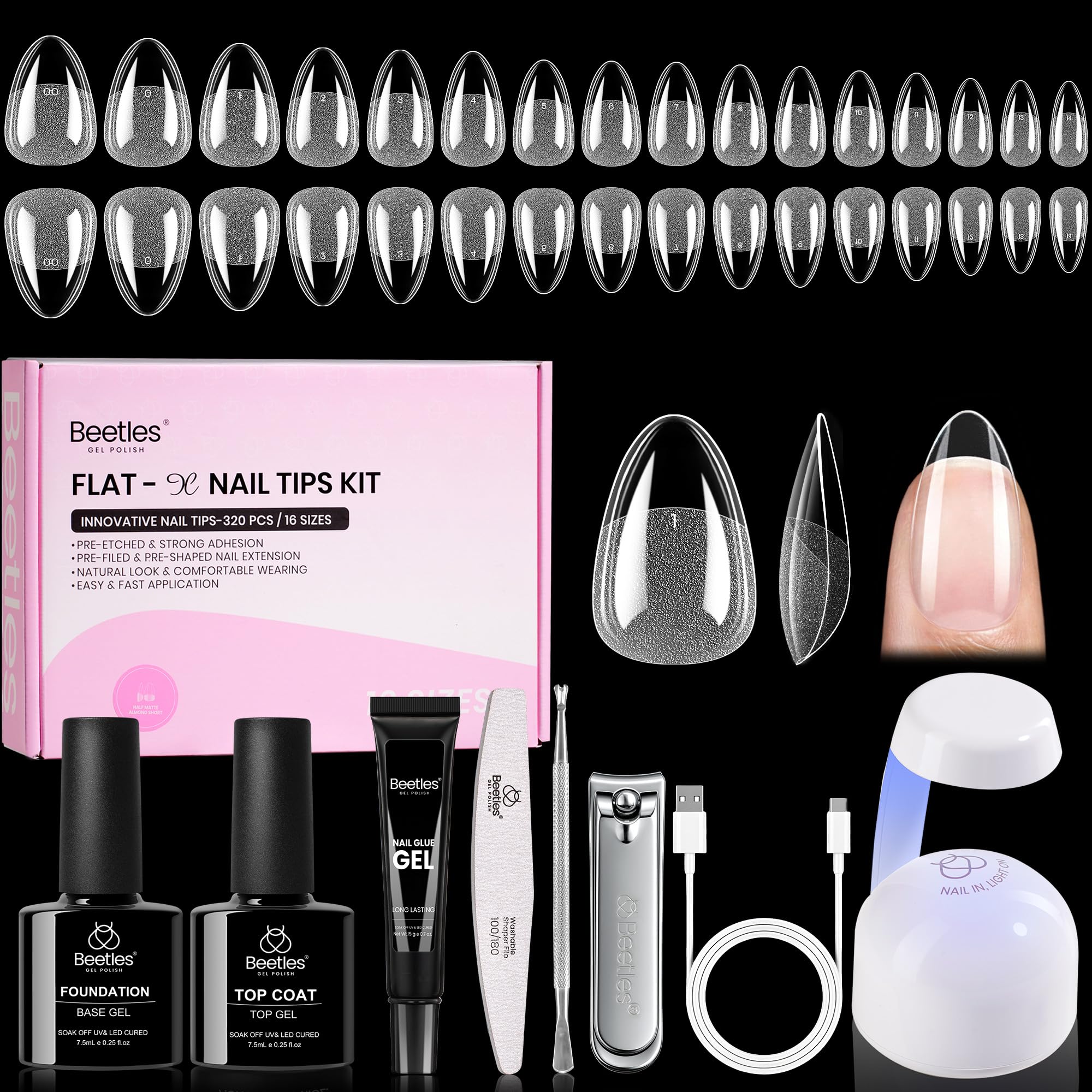 Beetles Flat-X almond nail tips offer a flush fit for natural nails.
