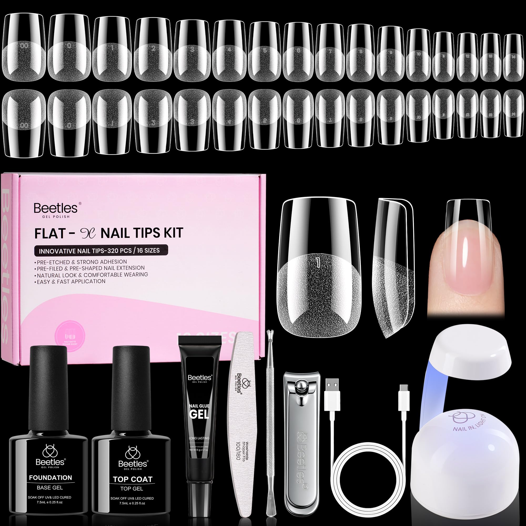 Beetles Flat-X almond nail tips for flush fit on nails.