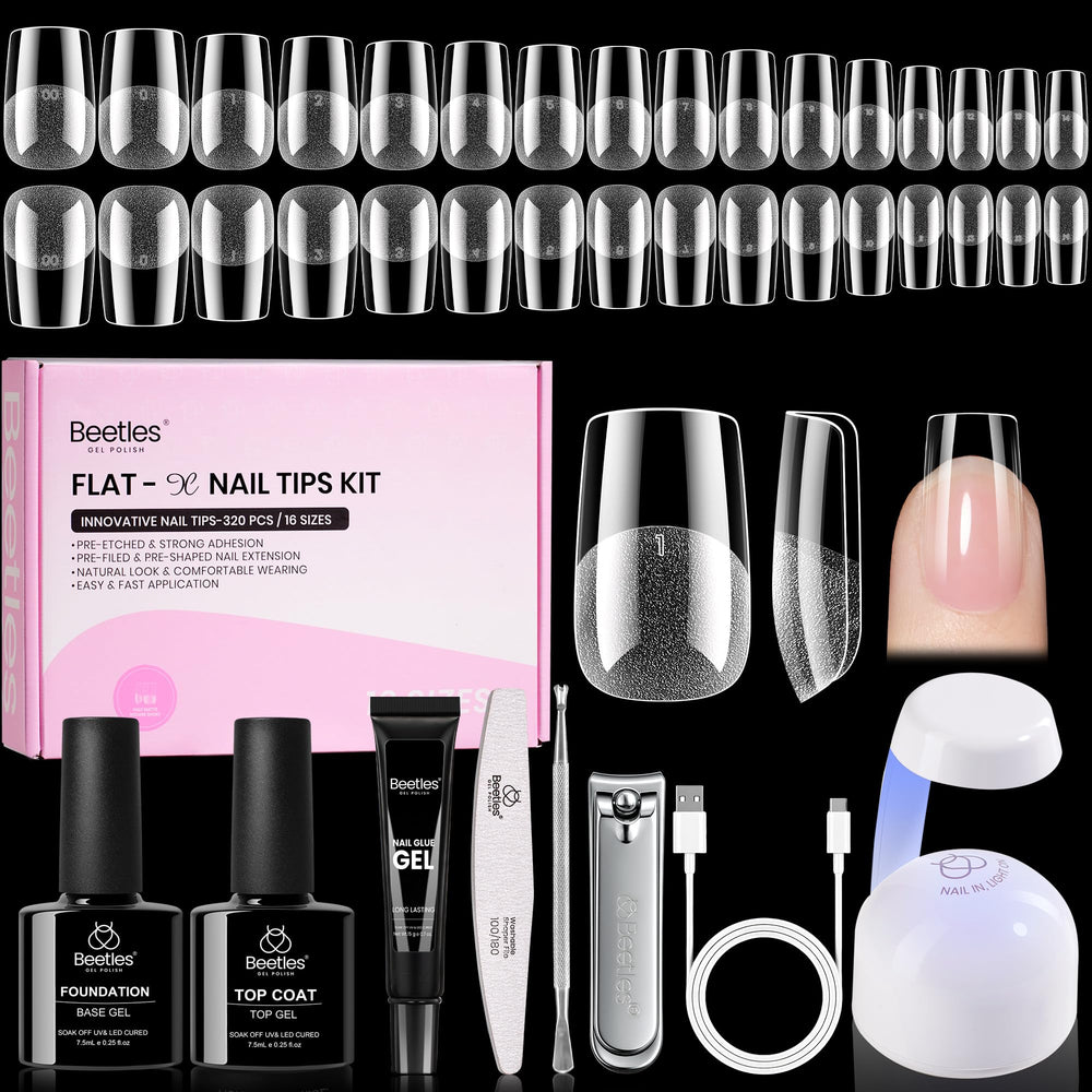 Beetles Flat-X almond nail tips for flush fit on nails.