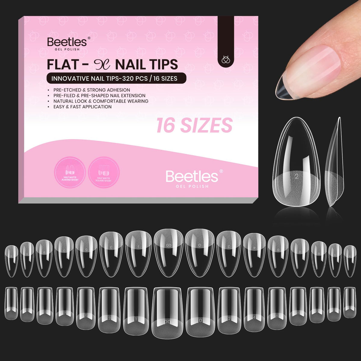 Beetles Flat-X almond-square tip pack for secure nail extensions