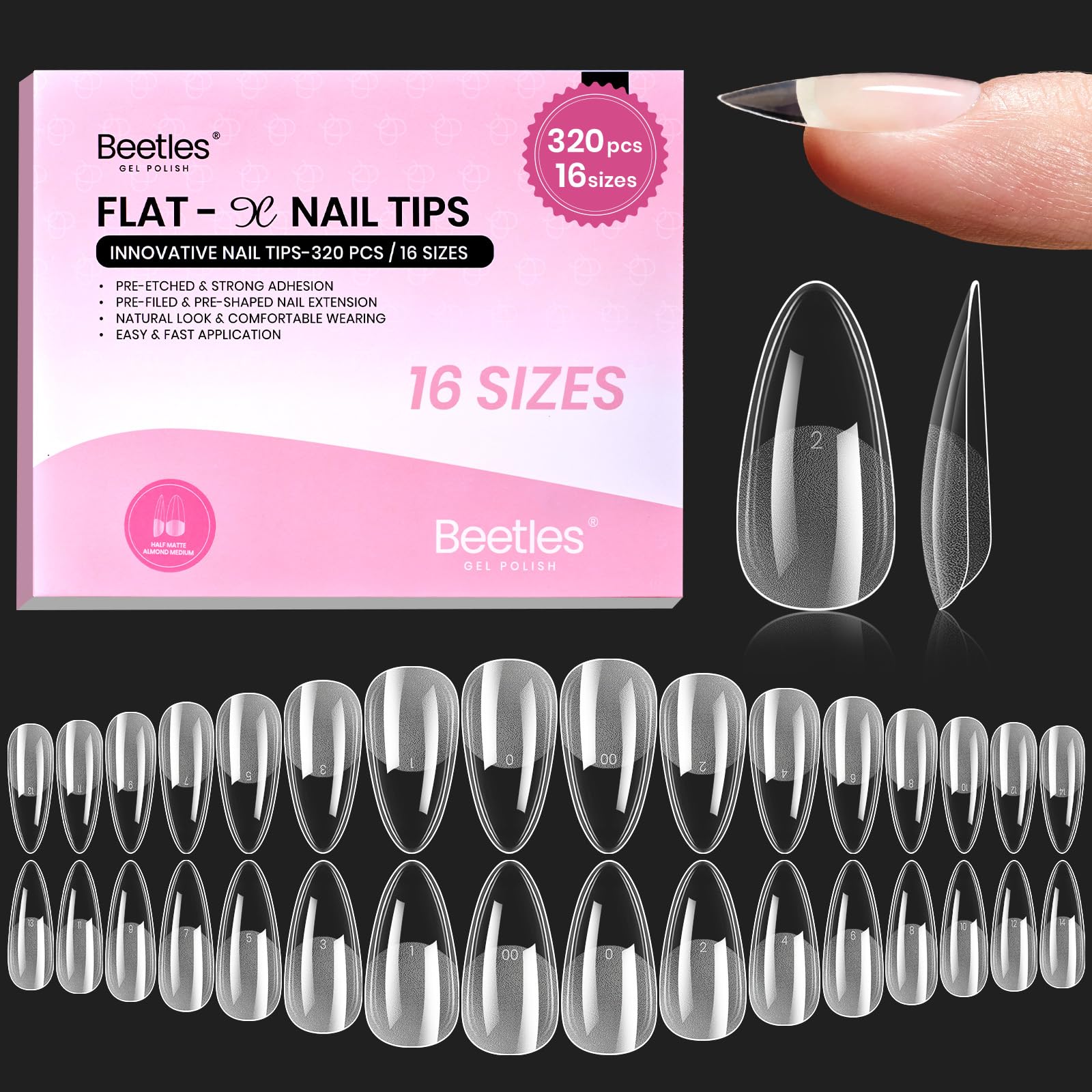 Beetles Flat-X Almond Tips close-up showing pre-etched surface for quick, clean application