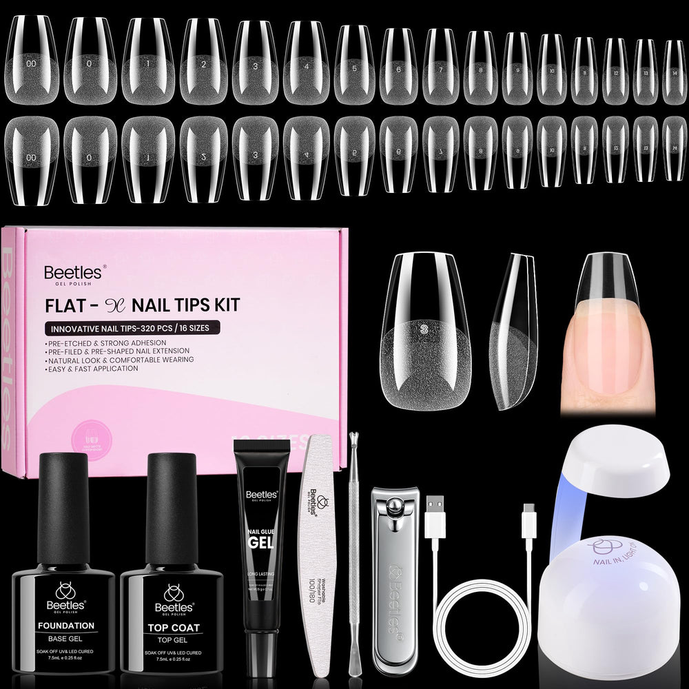 Beetles Flat-X coffin tips close-up for flush natural nail fit and comfort.