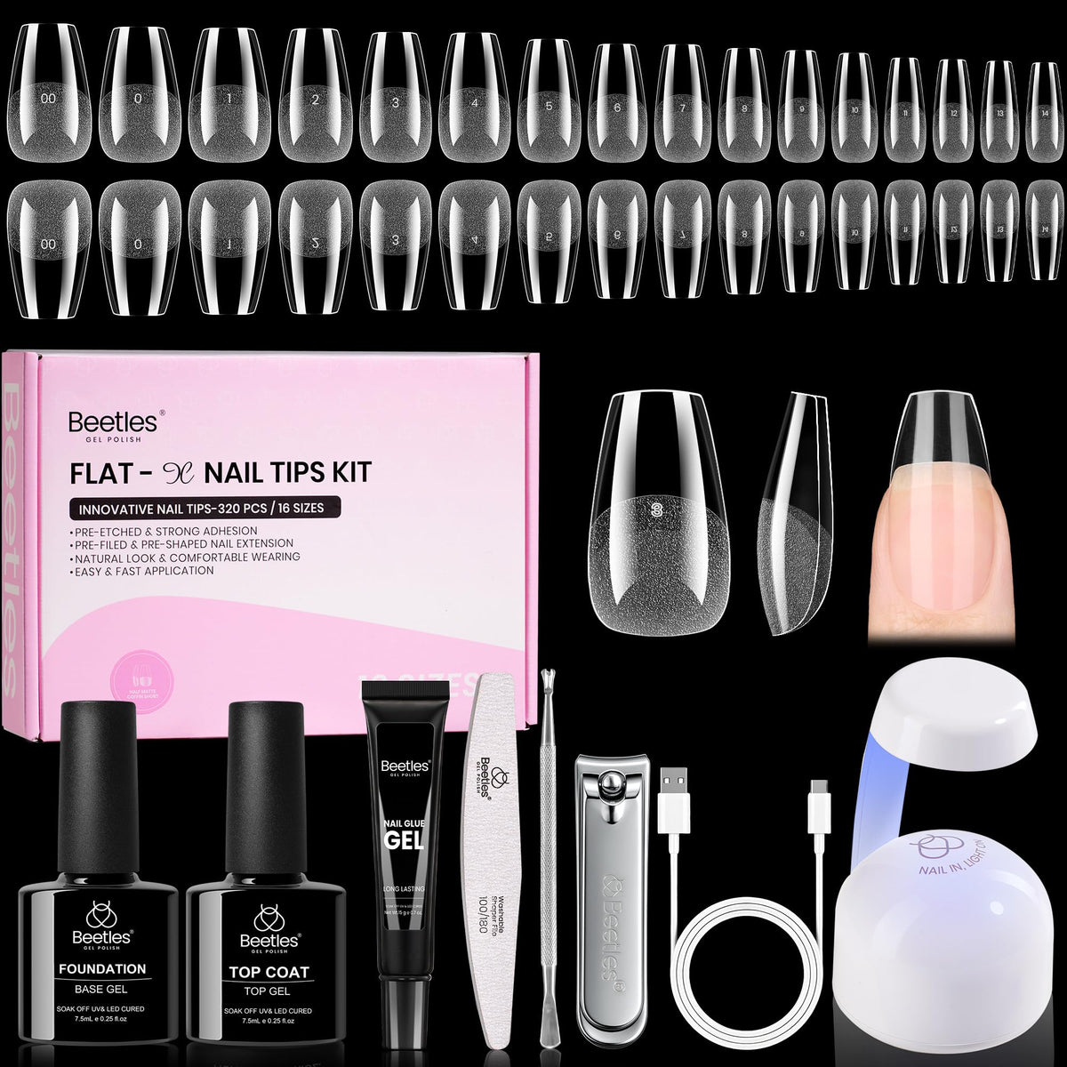 Beetles Flat-X coffin tips close-up for flush natural nail fit and comfort.
