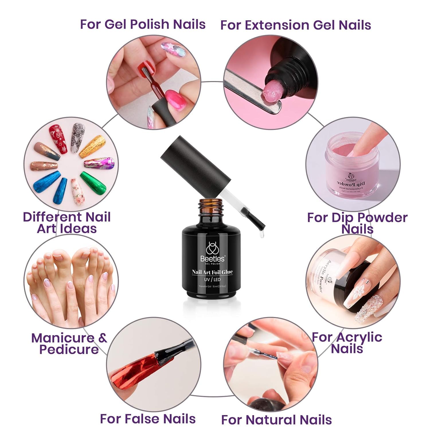 Beetles foil glue bottle cap close-up showing built-in brush for easy application.