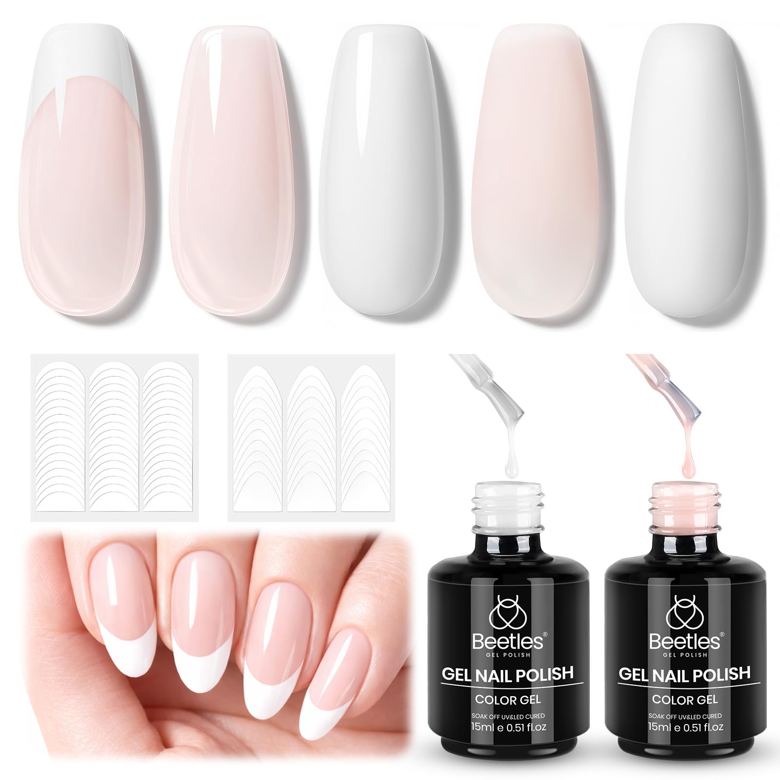 Beetles French Tip Gel Polish Set: nude pink polish for classic French nails and subtle elegance.