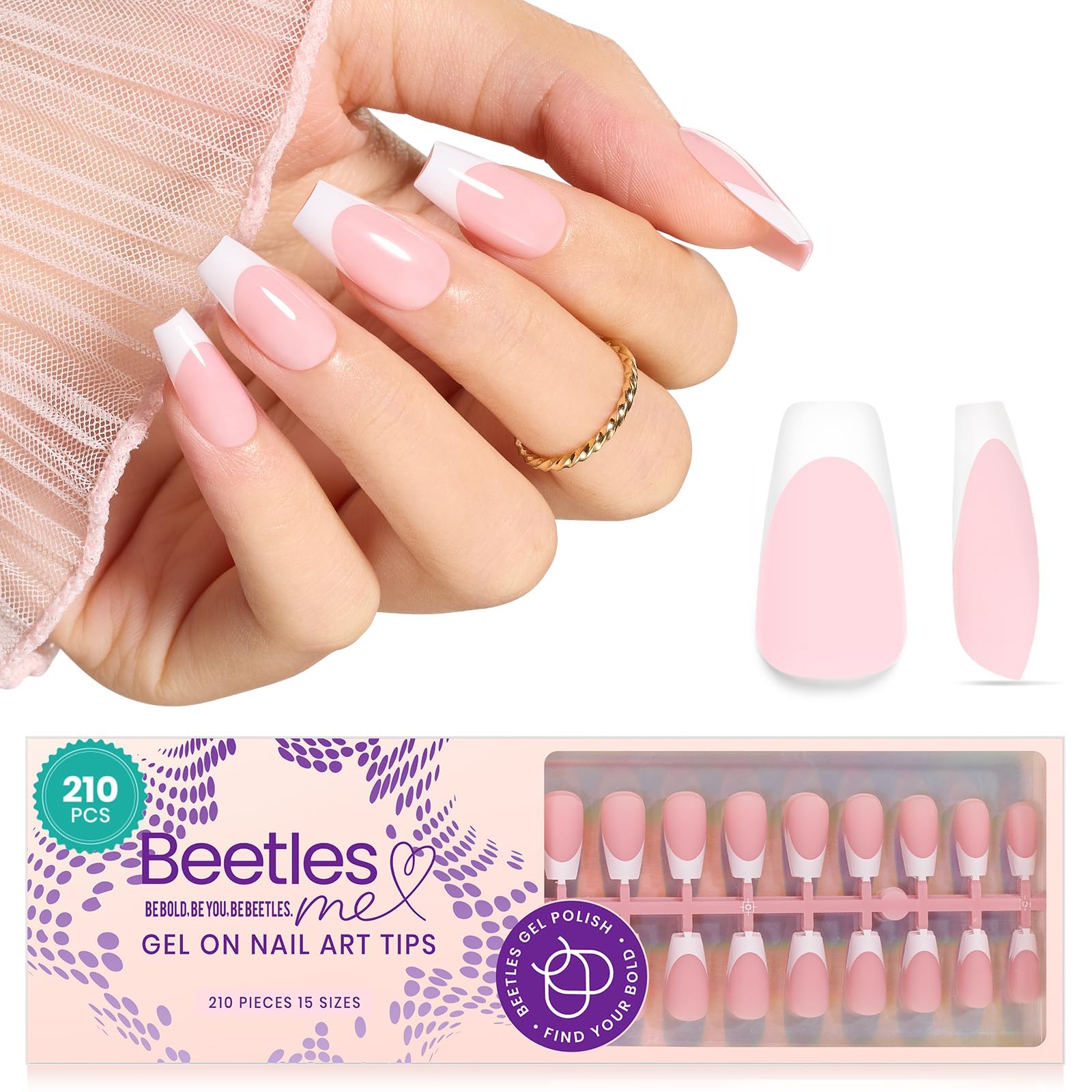 Beetles French Tip press-on nails in pink short coffin shape for fast salon-style manicure