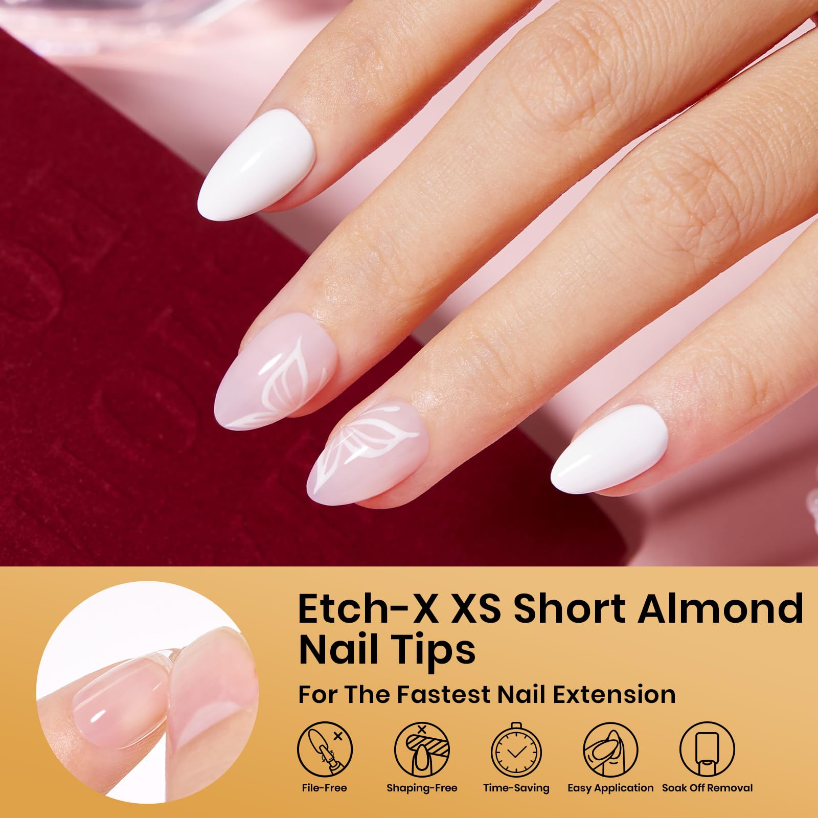 Beetles full cover almond tips shown on natural nails for easy, clean nail enhancements