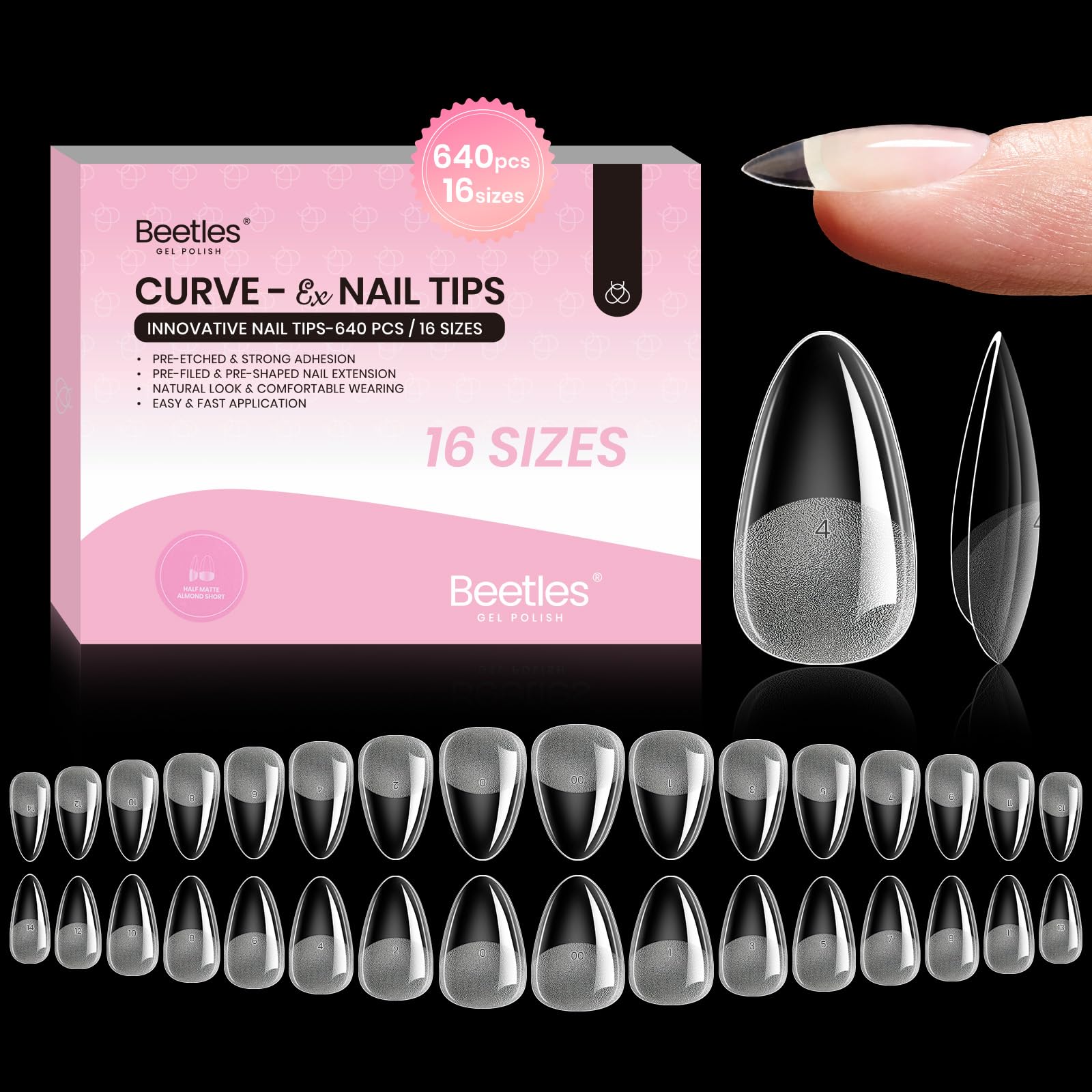 Beetles Gel Almond Nail Tips Curve-EX arch support for secure extensions on curved nails.