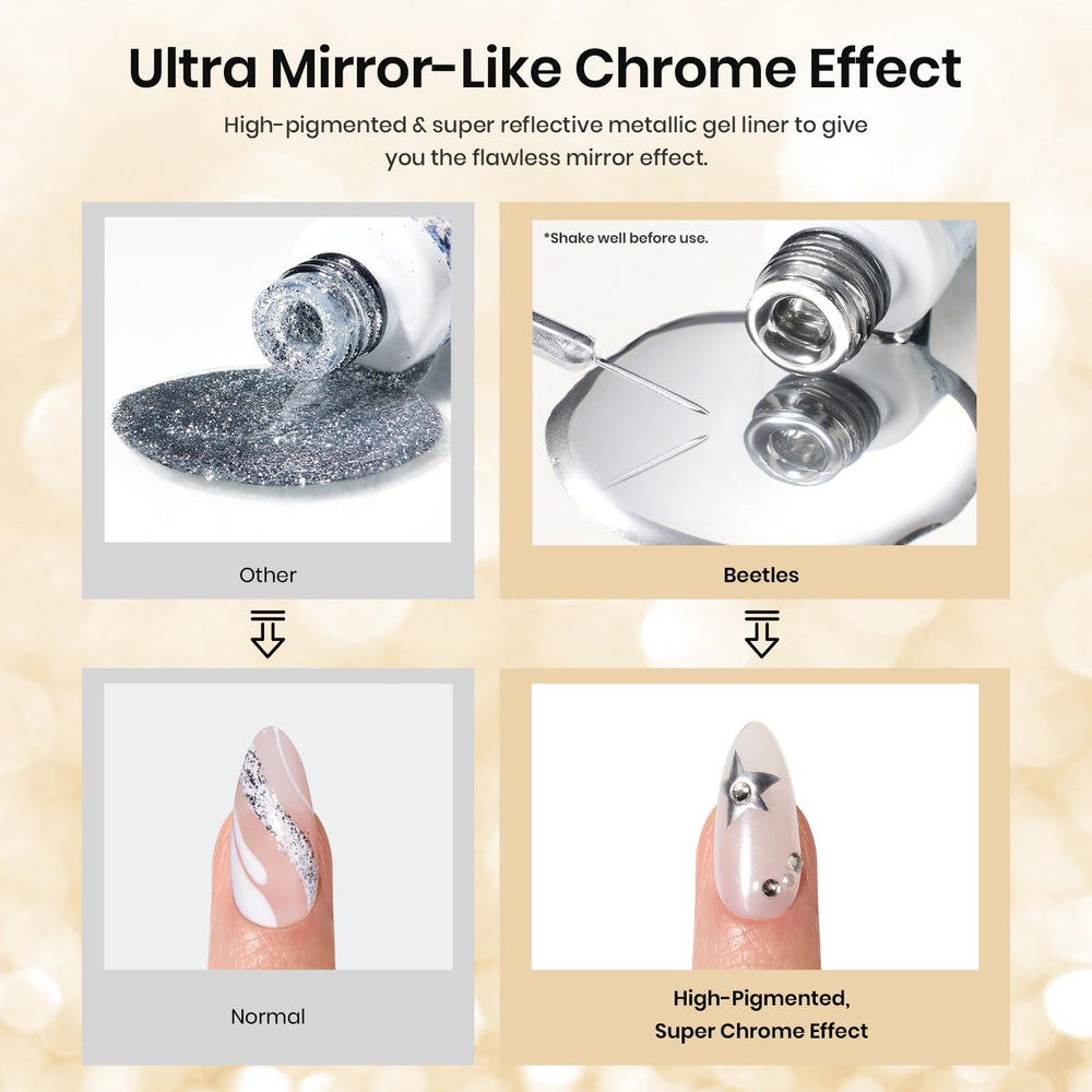 Beetles Gel Liner Chrome Finish adds reflective accents on UV gel, acrylic, or false nails.