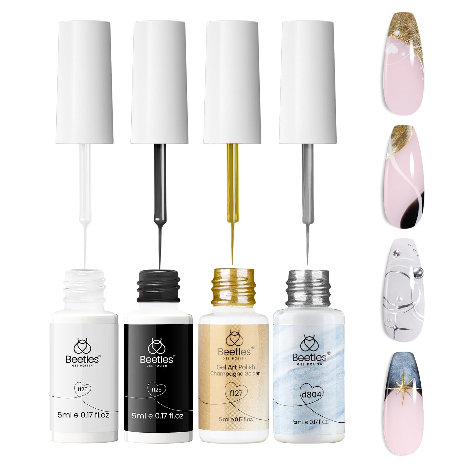 Beetles Gel Liner Gold Glitter creates dazzling metallic manicure with mirror shine, ideal for at-home nail art.