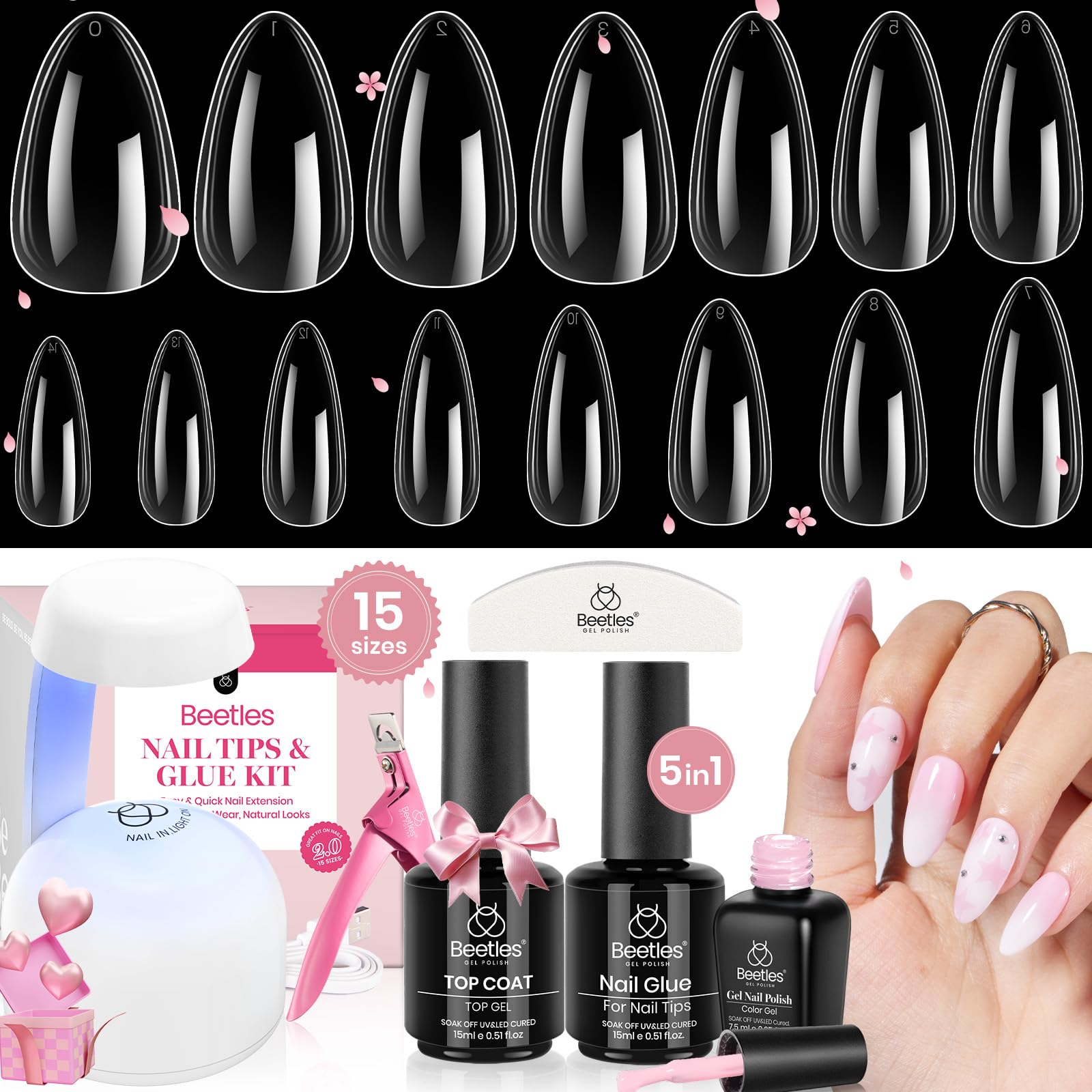Beetles Gel Nail Kit Clear Almond Medium tips for precise extensions