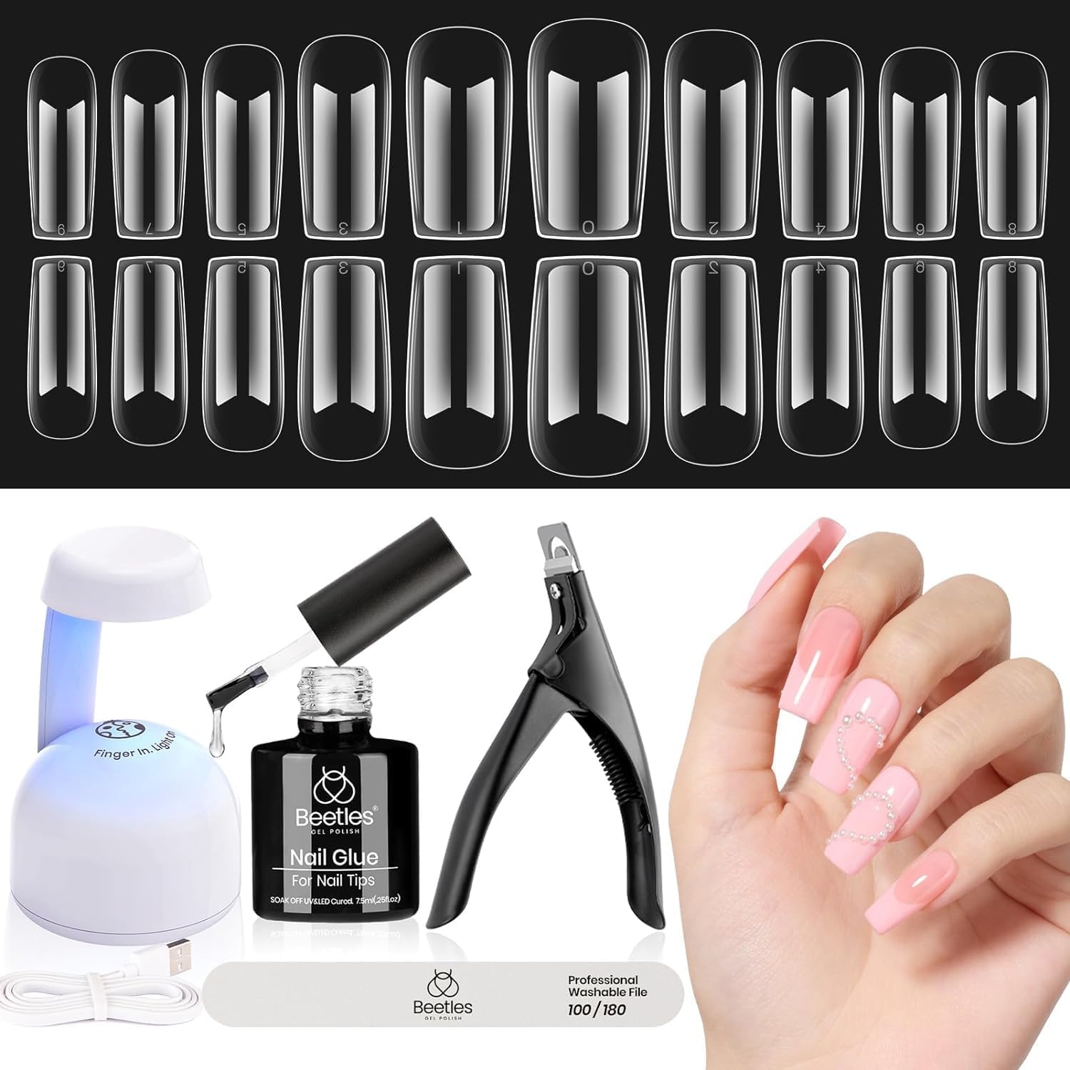 Beetles Gel Nail Kit Medium Square UV lamp enables quick at-home manicures