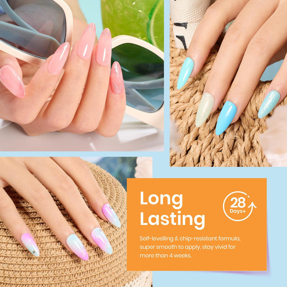 Beetles Gel Nail Polish application steps showing base, color, and top coat layers