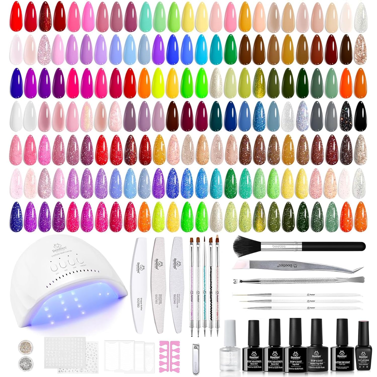 Beetles Gel Nail Polish Kit color bottles offer vibrant hues for timeless looks.