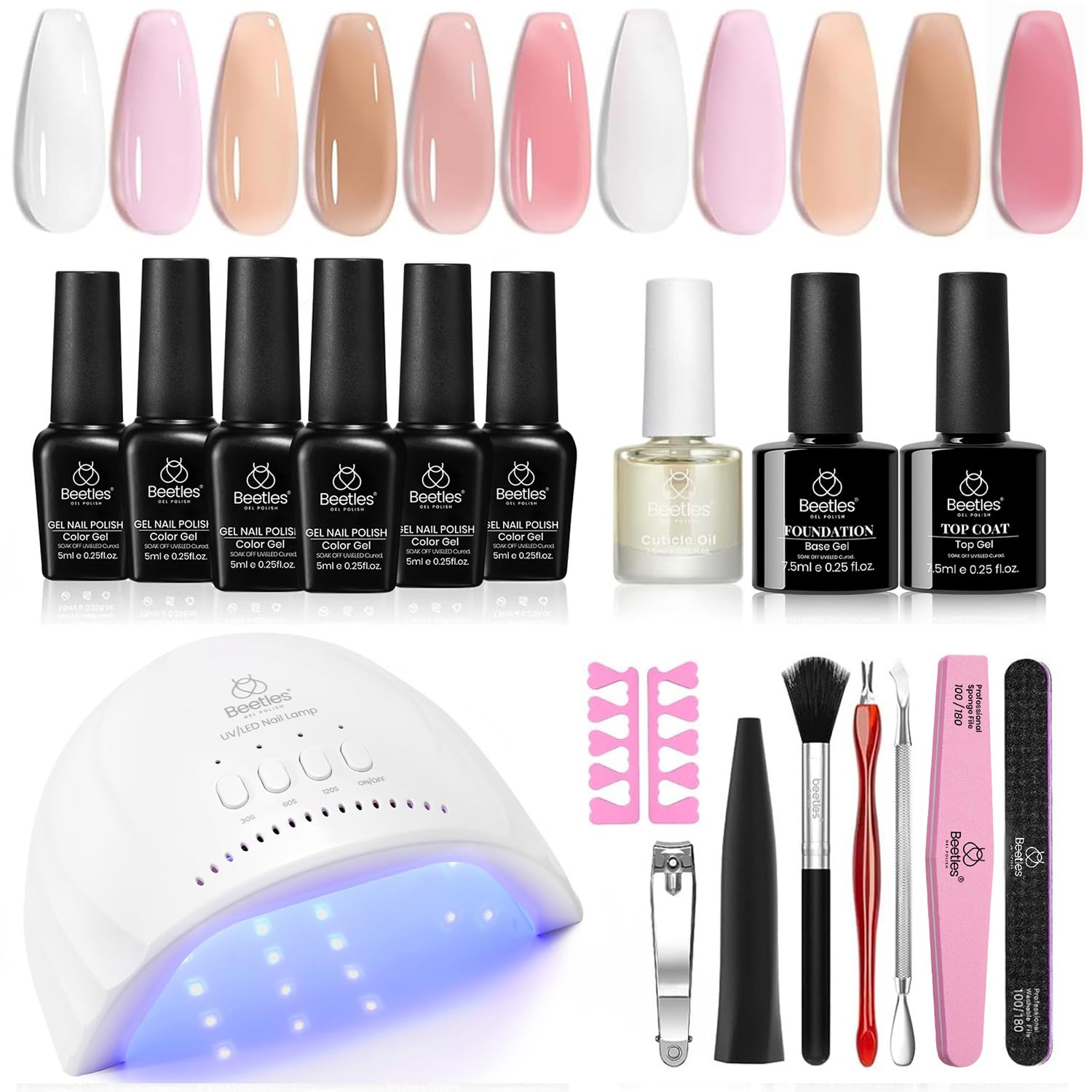Beetles Gel Nail Polish Kit with UV/LED light — front view of complete manicure setup.