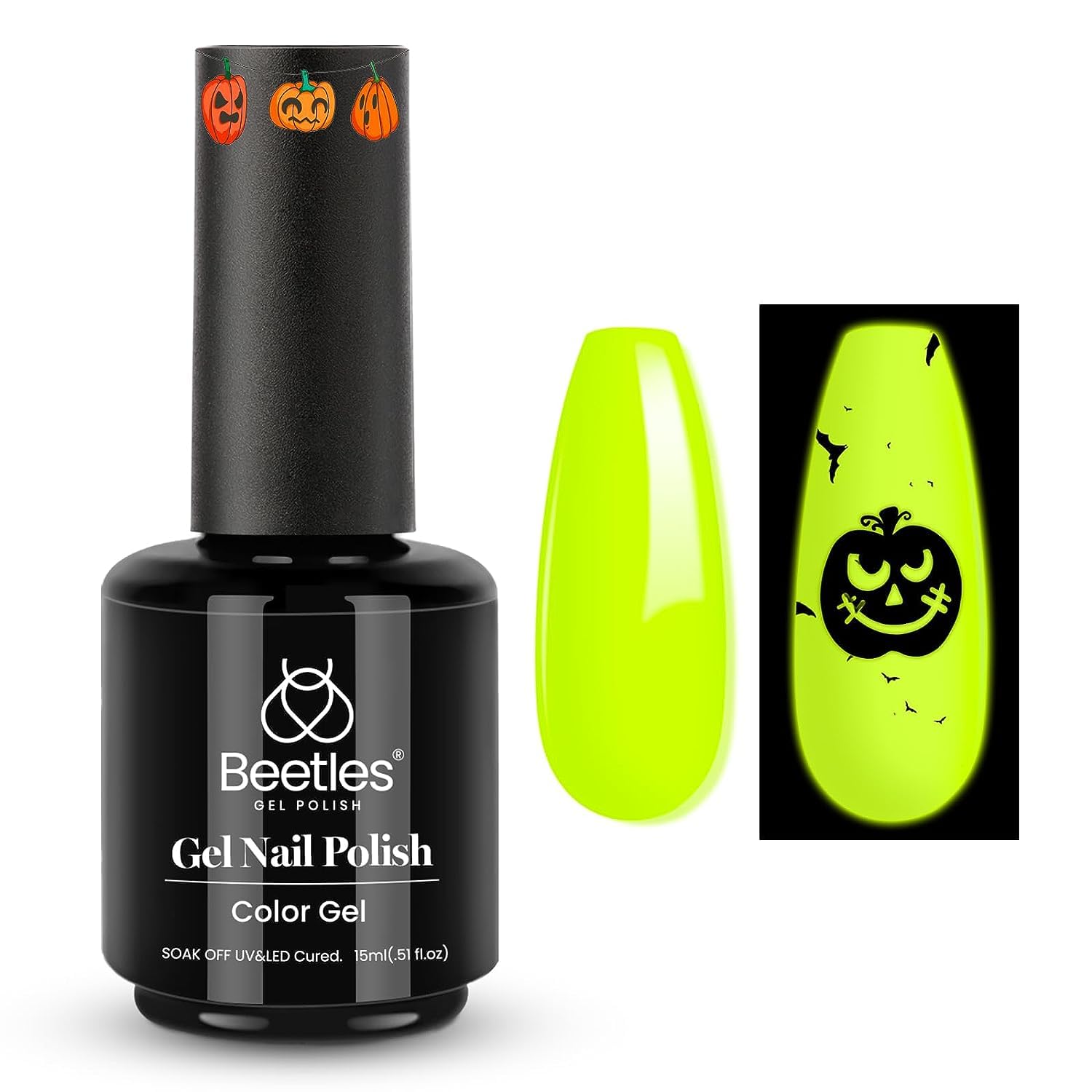 Beetles Gel Polish luminous yellow glow bottle glows after light exposure.