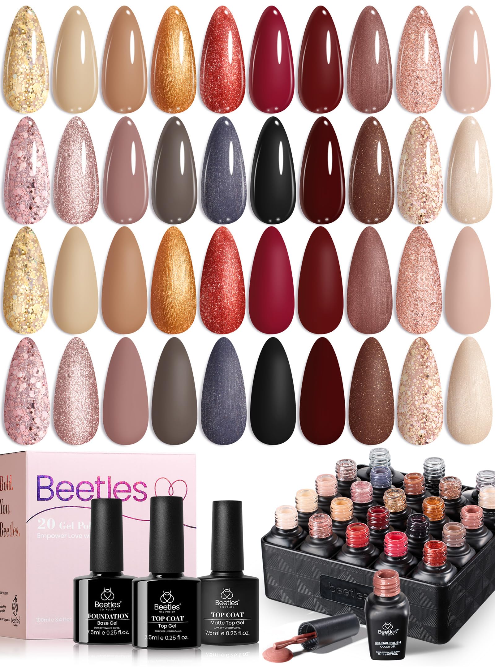 Beetles Gel Nail Polish Set shows 20 colors for versatile at-home manicures.