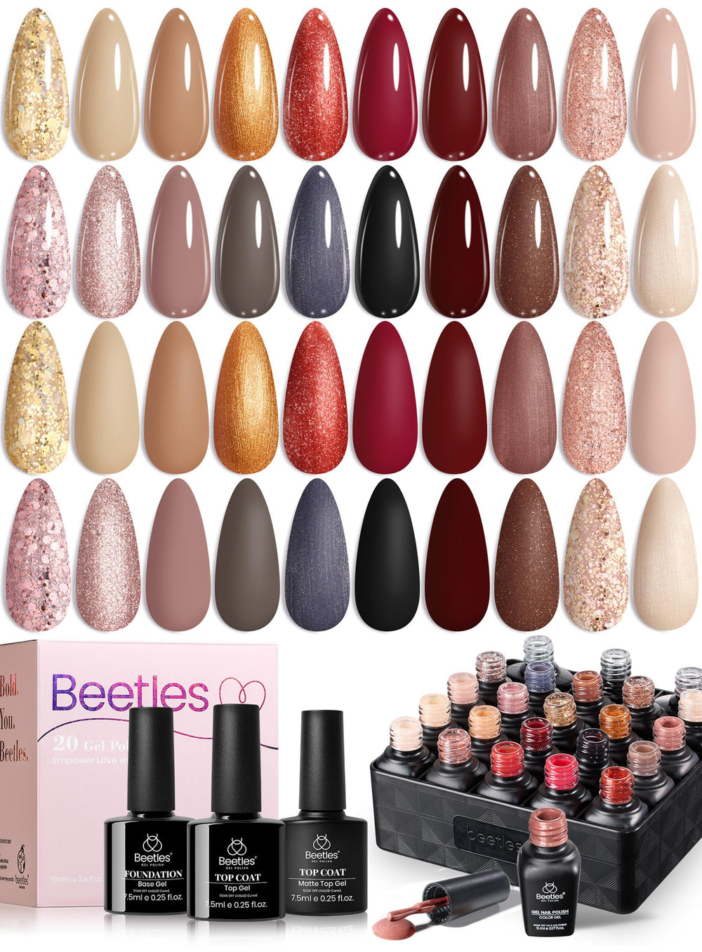 Beetles Gel Nail Polish Set shows 20 colors for versatile at-home manicures.
