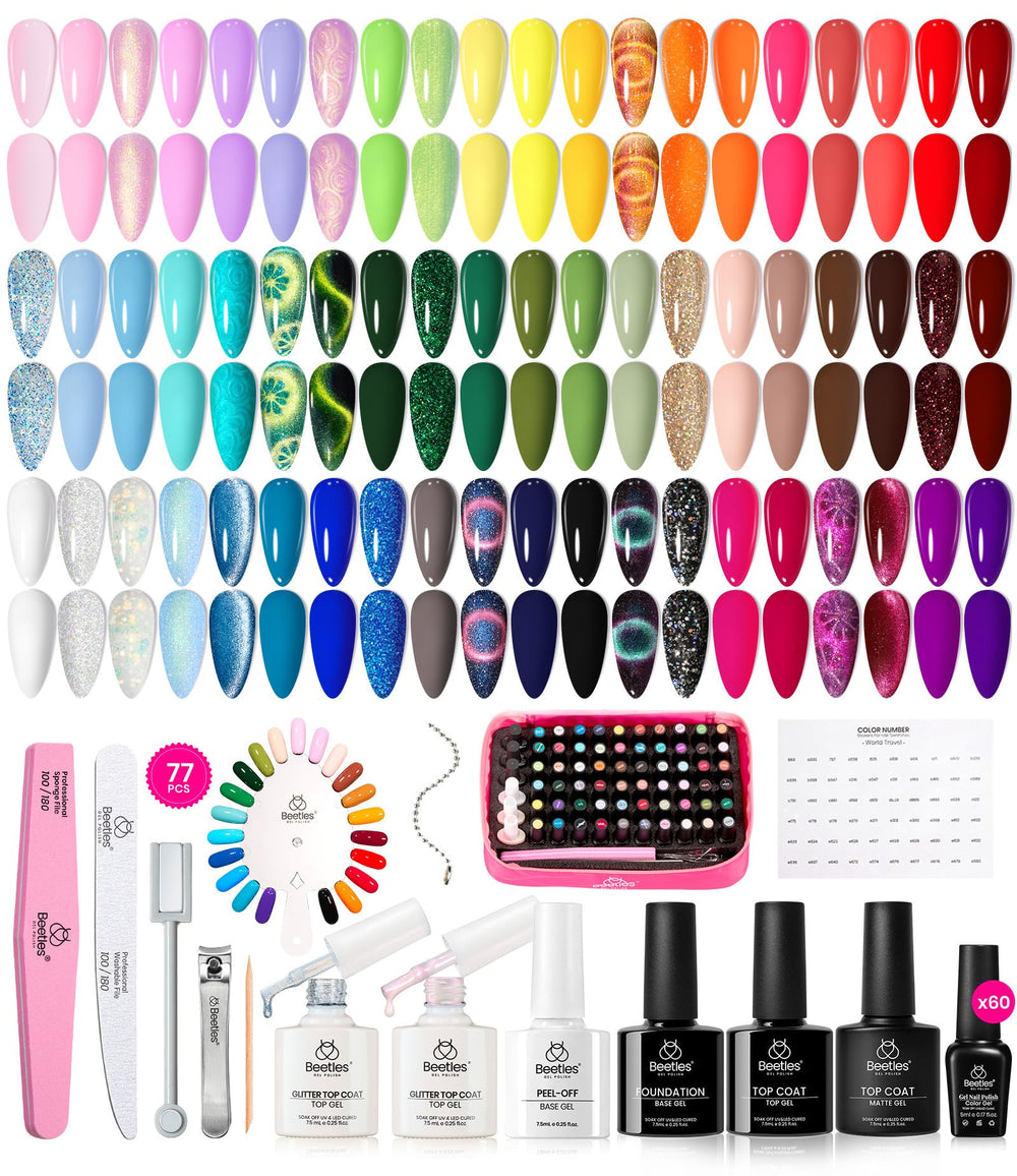 Beetles gel nail polish set with 60 colors bottles arranged for versatile looks