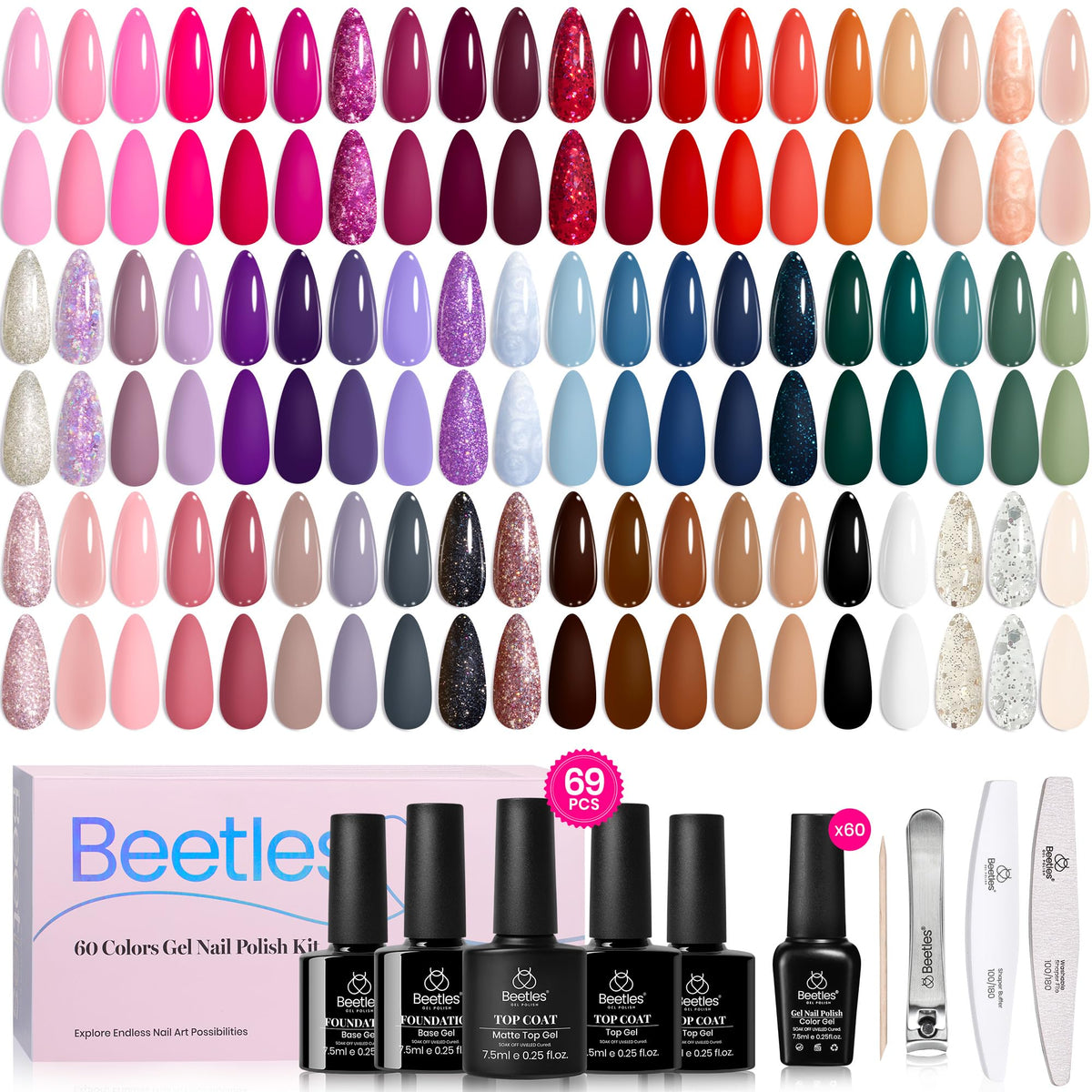 Beetles gel nail polish set with 60 winter colors for versatile looks.