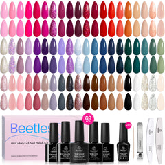 Beetles gel nail polish set with 60 winter colors for versatile looks.