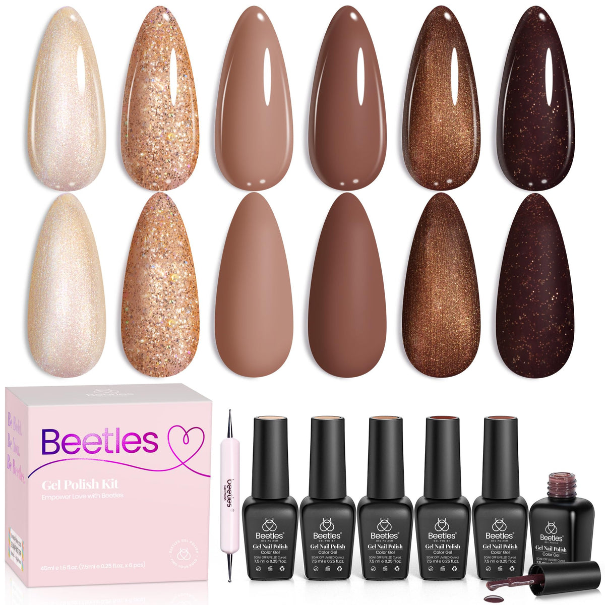 Beetles Gel Nail Polish Set Brownie Bliss collection swatches show warm brown tones for versatile nails.