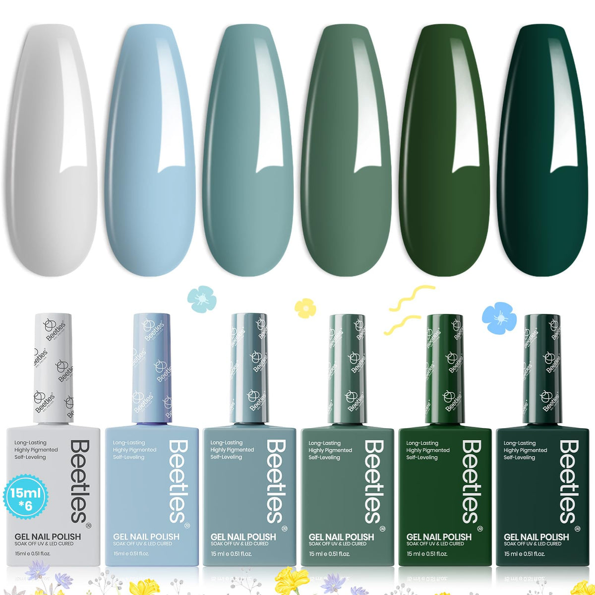 Beetles Gel Nail Polish Set Misty Forest bottles on display for easy color selection