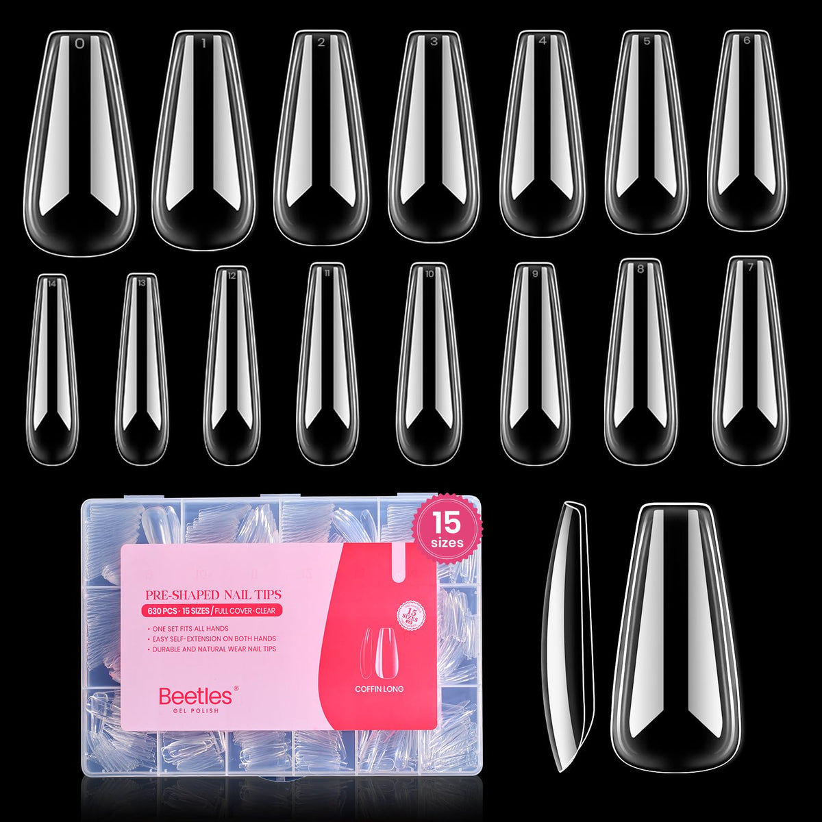 Beetles Gel Nail Tips with 15 sizes and 0-14 markings for precise fitting.