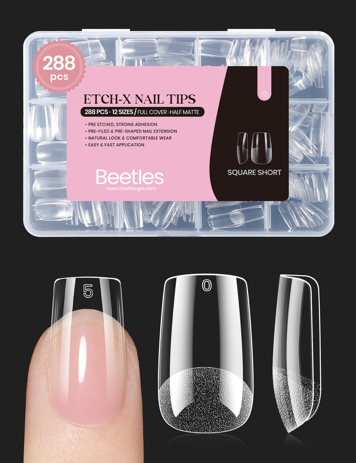 Beetles Gel Nail Tips Etch-X square short tips with 12 sizes for natural-looking extensions